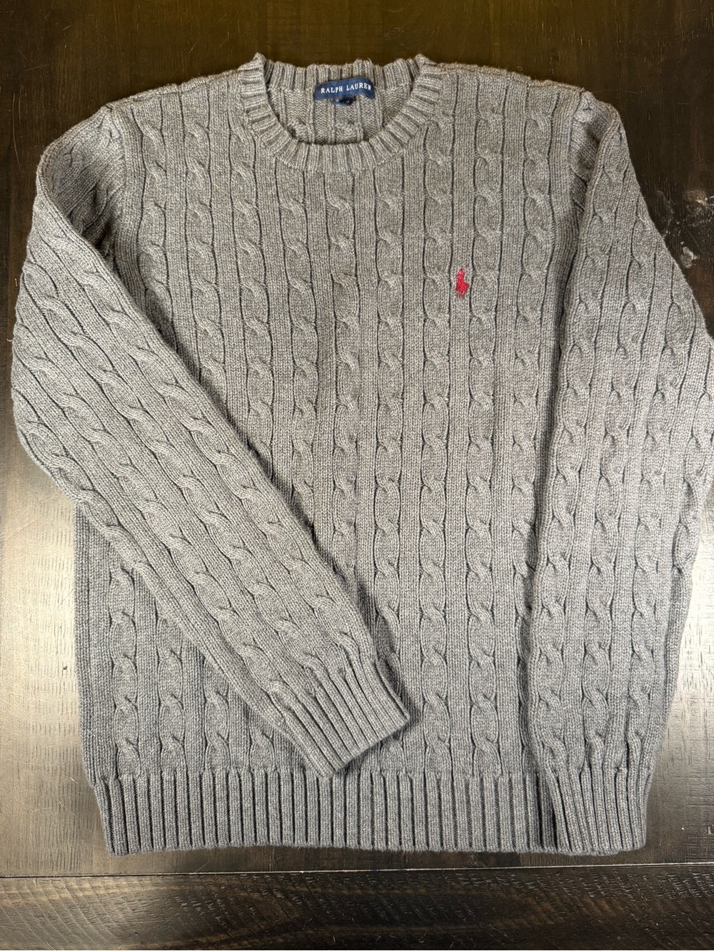 Ralph Lauren Gray Cable Knit Cotton Crewneck Sweater Size L